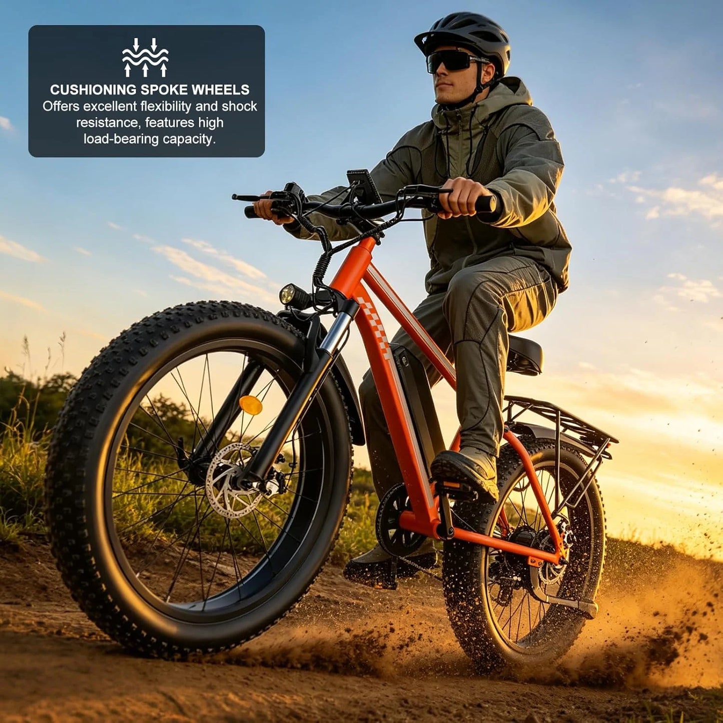 Orange Electric Bike 48V 15AH Battery 1500W Peak Motor 32MPH 26" Fat Tire Adults Mountain Off-Road Dirt Ebike