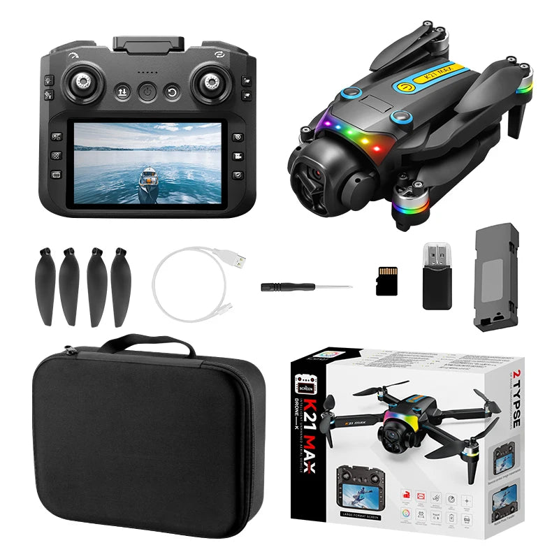 K21MAX Foldable Brushless Drone With Screen Remote EIS Dual Electric Camera Optical Flow Hover Colorful LED Light RC Quadcopter