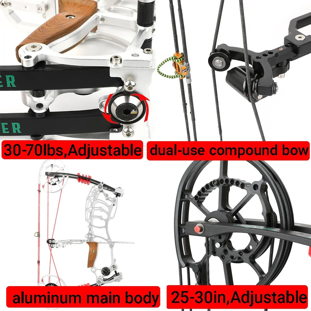 Compound Bow 30-70lbs Adjustable Dual-Purpose 80% Let-off High Speed 420FPS for Hunting Shooting Steel Ball and Target Practice Right Hand Archery