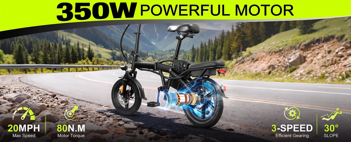 Lightweight Folding Electric Bike for Adults 48V 750W Peak Power 20MPH 18-22 Miles Range 14Inch Disc Brake Commuter E-bike