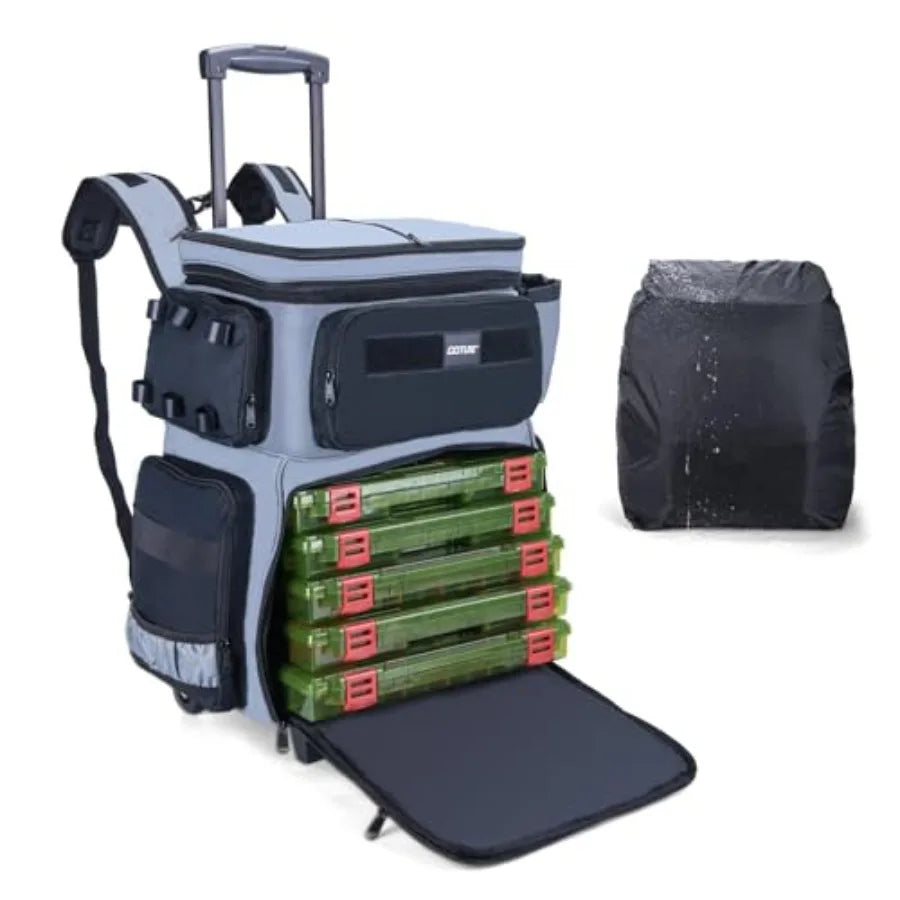 66L Rolling Tackle Box with Cooler, Large Fishing Bag with Wheels for 5 3700 Trays Trays Included,Saltwater Resistant Tackle Ba