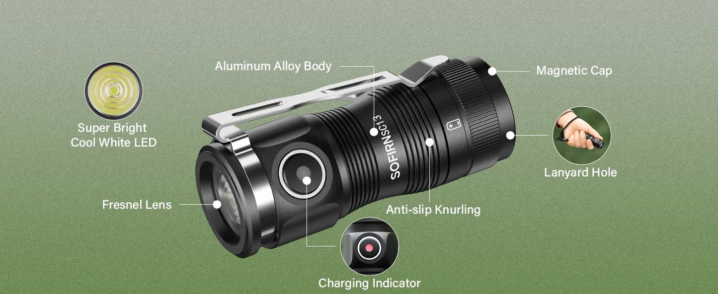 Mini SC13 SST40 LED 1300lm Tactical 18350 Rechargeable Flashlight 6000K Keychain Light with Magnetic