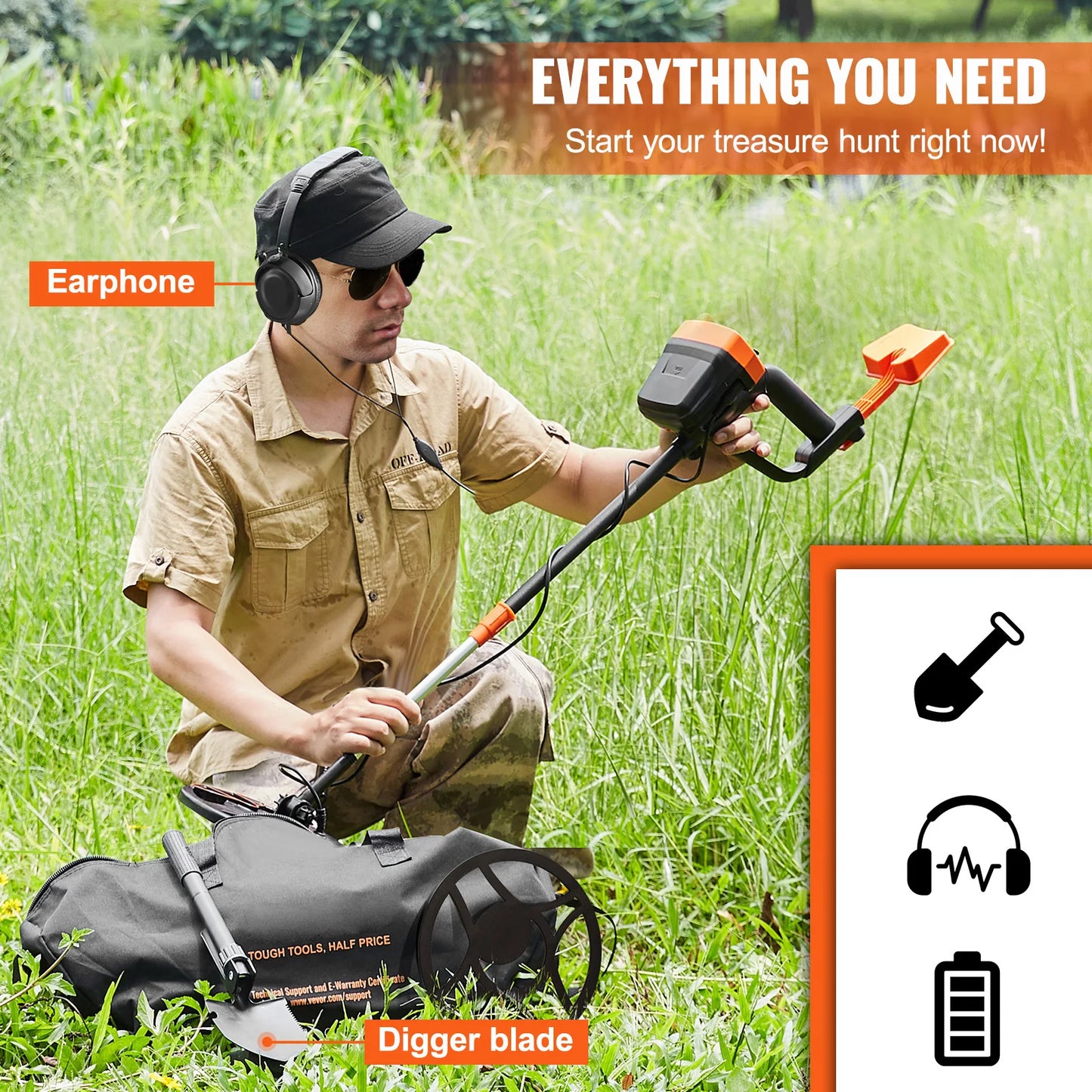 Metal Detector 8Inch Waterproof Search Coil & High Accuracy Pointer Display Adjustable 38''-49'' Aluminum Stem Detector