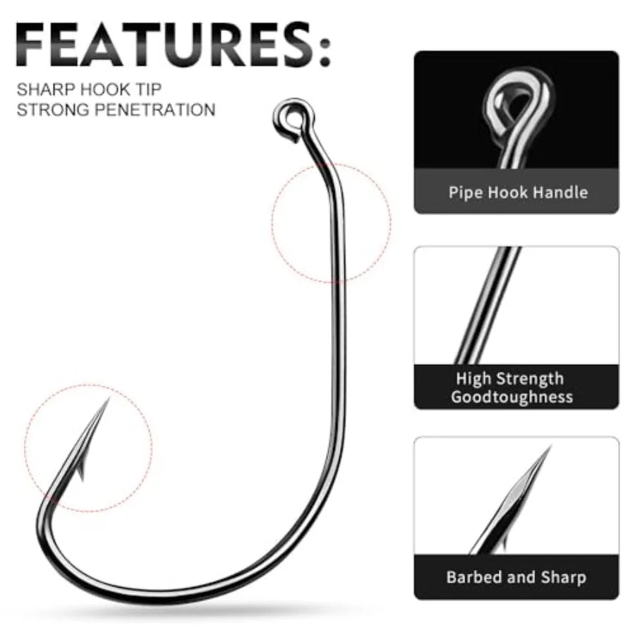 Bass fishing in freshwater and saltwater: EWG hook Texas rig, stainless steel, black, 100pcs with tackle box