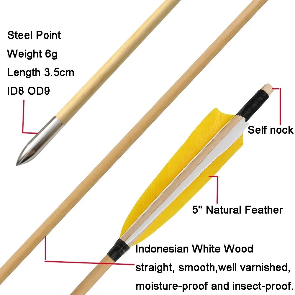 Hunting Arrows 12pcs 31.5inch Handmade Wooden Shaft with 5inch Natural Feathers for Outdoor Shooting Sports