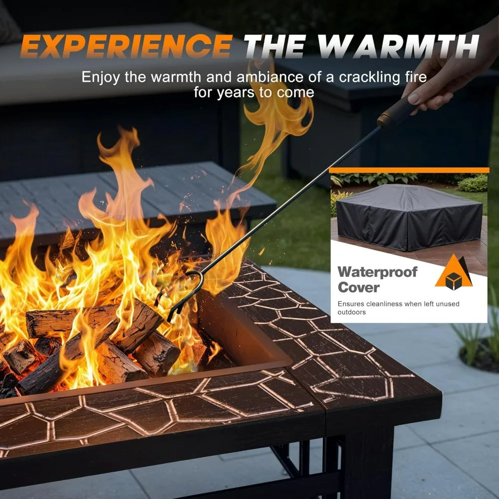 Outdoor Fire Pit, 32 Inch Firepit Table Metal Outdoor Fireplaces with Waterproof Cover for Outside Patio Camping (Silver)