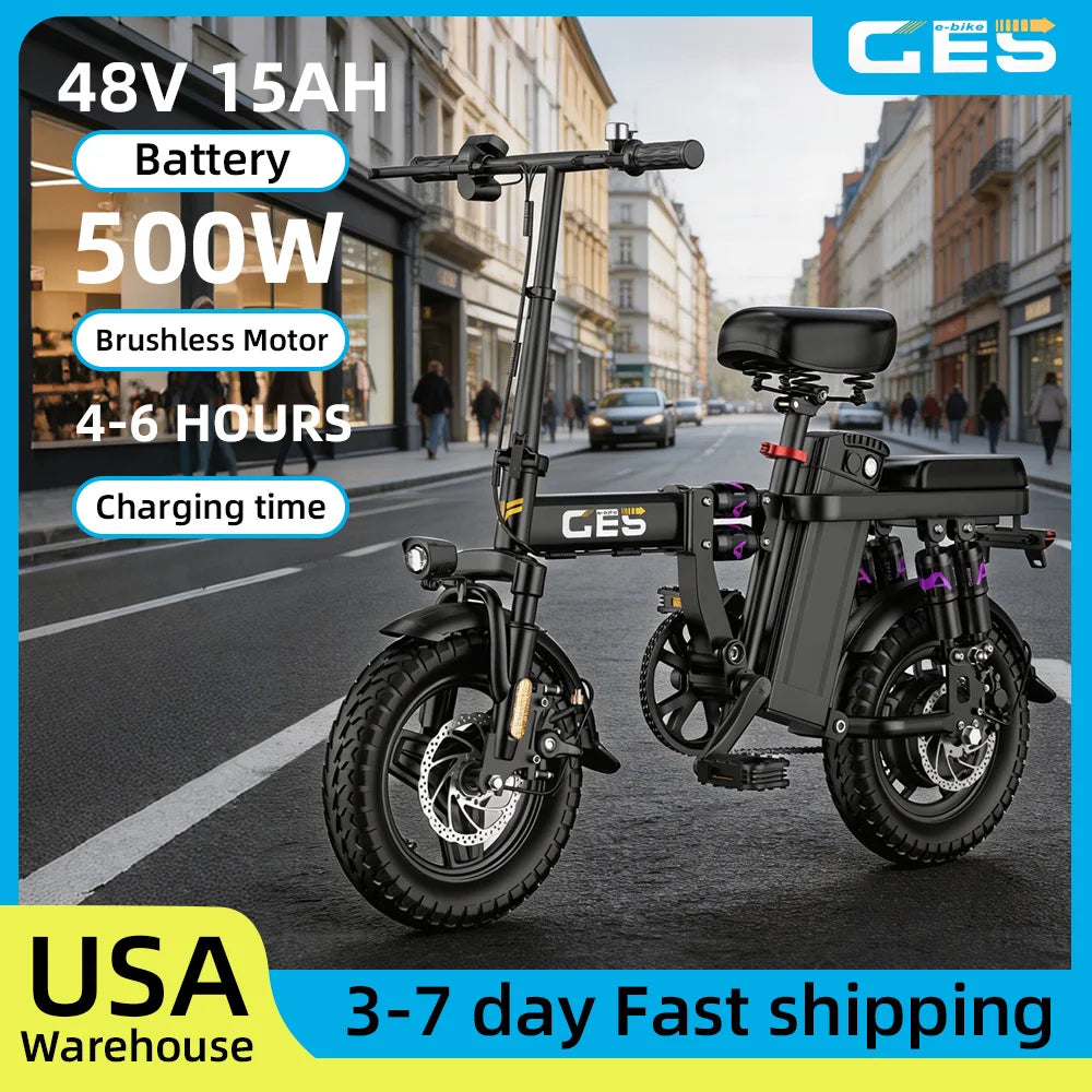 GE5 48V 15AH Battery EBike 30+MPH 250W Folding Electric Bike 30 Miles Max Range Electric Bike for Adults 14" Fat Tire