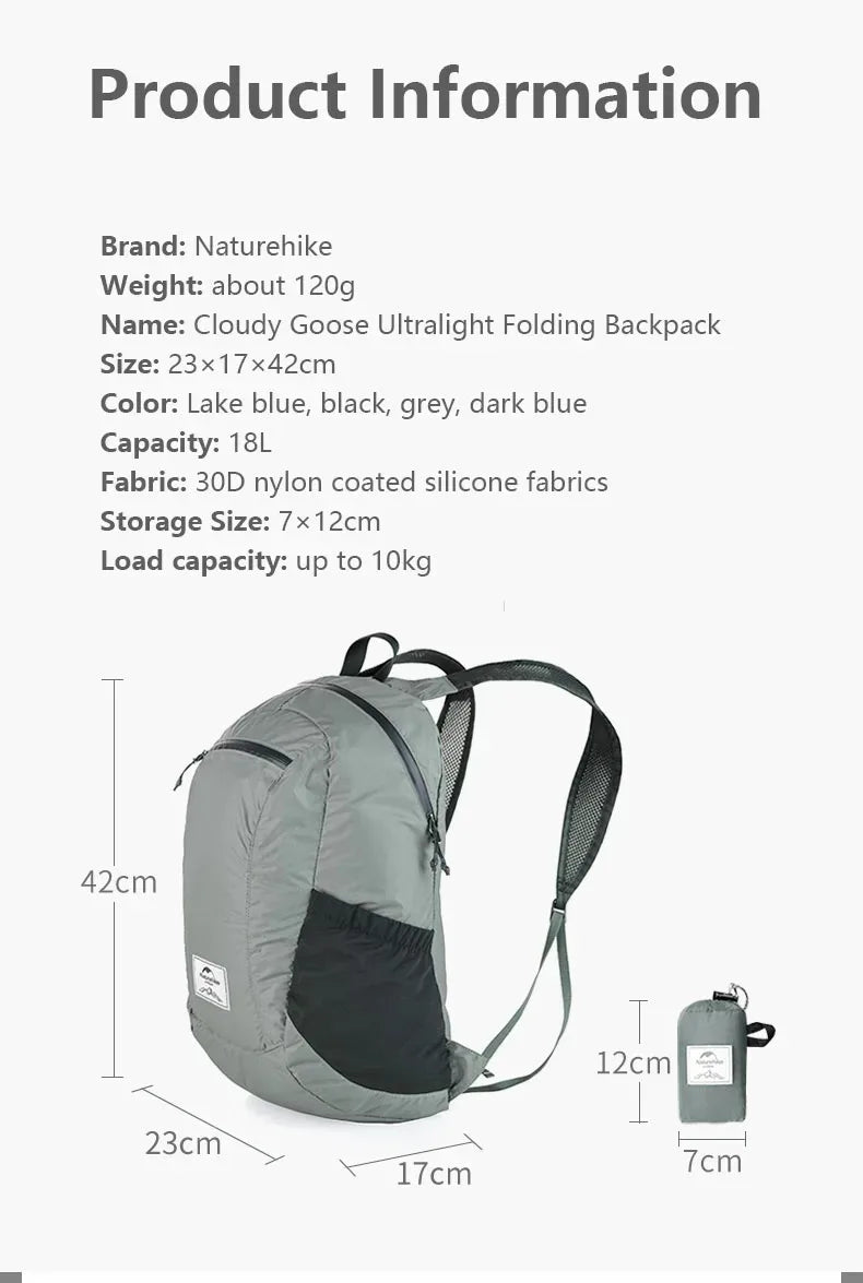 Backpack 18L Black Ultralight Outdoor Waterproof Folding Backpack for Men Women‘s Bag Camping Hiking Shoulder Bag