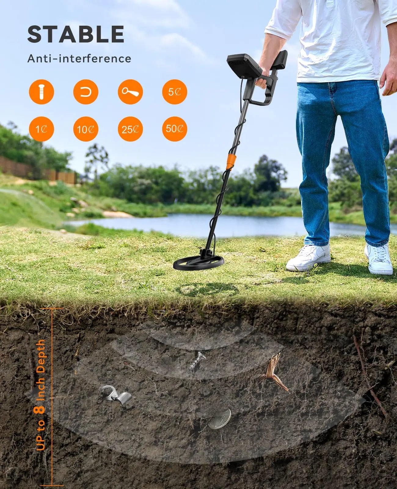 Metal Detector for Adults & Kids, 8"  IP68 Waterproof Coil, 4 Detection Modes Large LCD, Lightweight CE Certified for Family Outdoor Gold Treasure Hunting, MD13