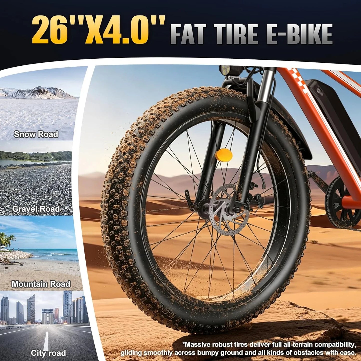 Orange Electric Bike 48V 15AH Battery 1500W Peak Motor 32MPH 26" Fat Tire Adults Mountain Off-Road Dirt Ebike