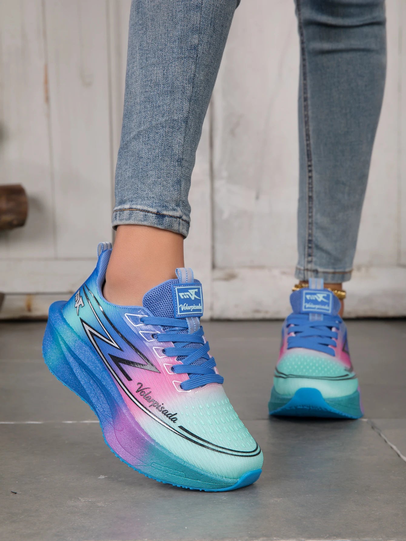 Women Gradient Lightning Print Running Sneakers Breathable Flying Weave Mesh Light Cushion Non Slip Shock Absorb Athletic Gym Jogging Sport Shoes
