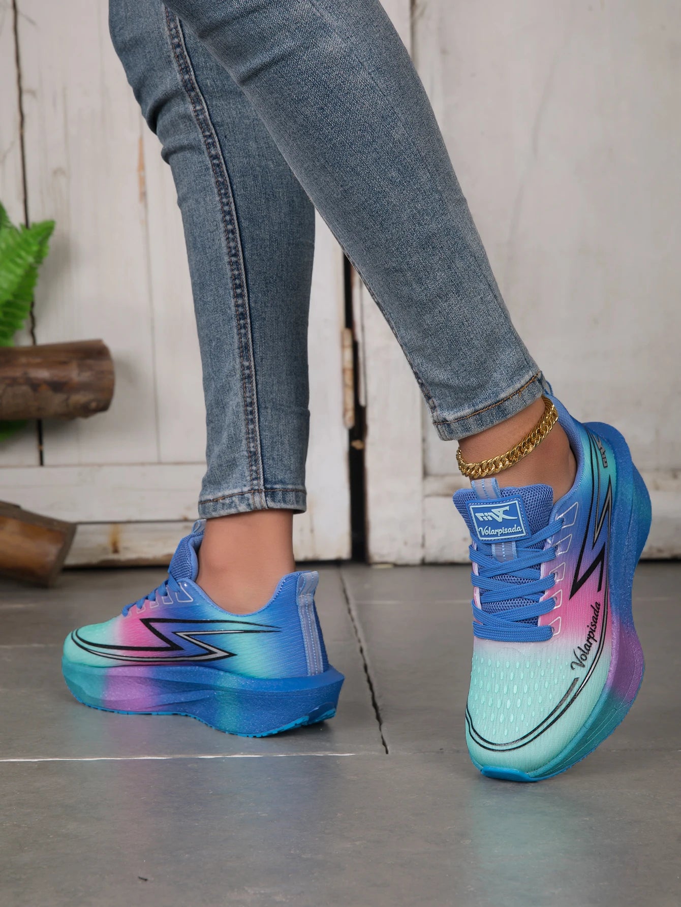 Women Gradient Lightning Print Running Sneakers Breathable Flying Weave Mesh Light Cushion Non Slip Shock Absorb Athletic Gym Jogging Sport Shoes