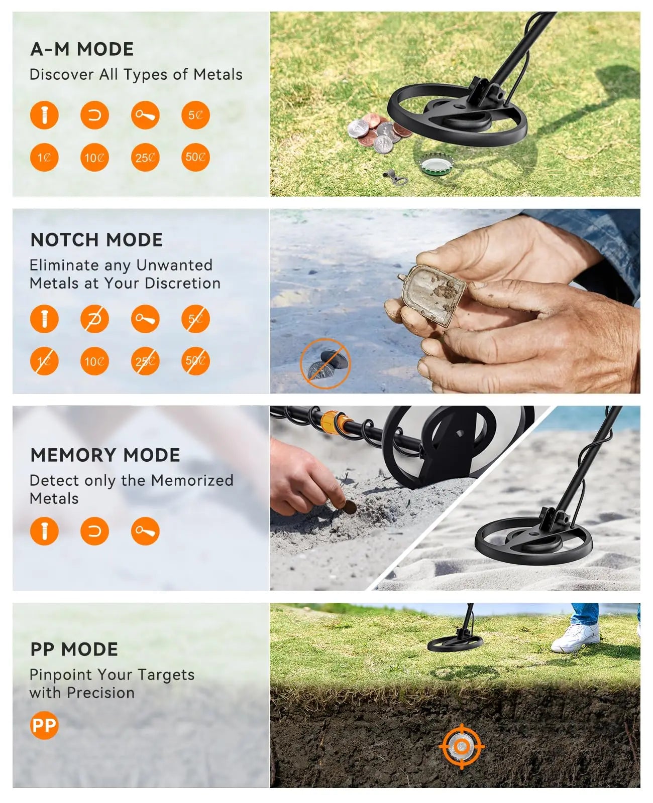 Metal Detector for Adults & Kids, 8"  IP68 Waterproof Coil, 4 Detection Modes Large LCD, Lightweight CE Certified for Family Outdoor Gold Treasure Hunting, MD13