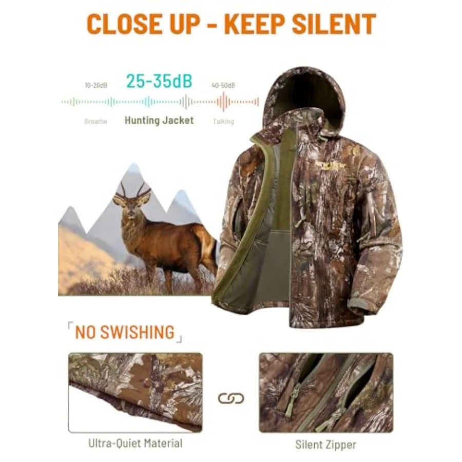 Camo Hunting Jackets for Men Warm Fleece Lined Hunting Jacket with Hood Quiet Water Resistant Hunting Clothes