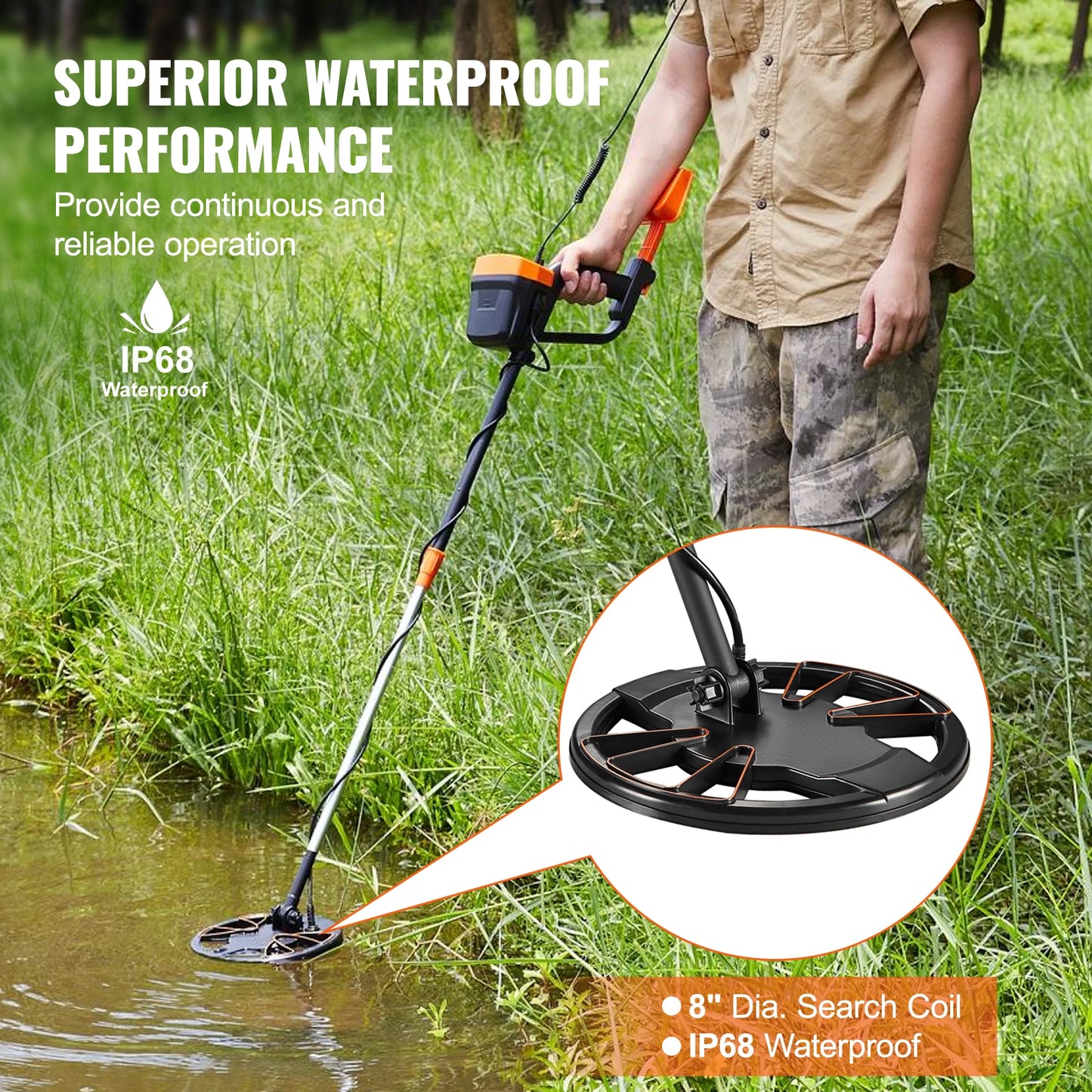 Metal Detector 8 Inch Waterproof Search Coil High Accuracy Pointer Display Adjustable 38''-49'' Aluminum Stem Detector