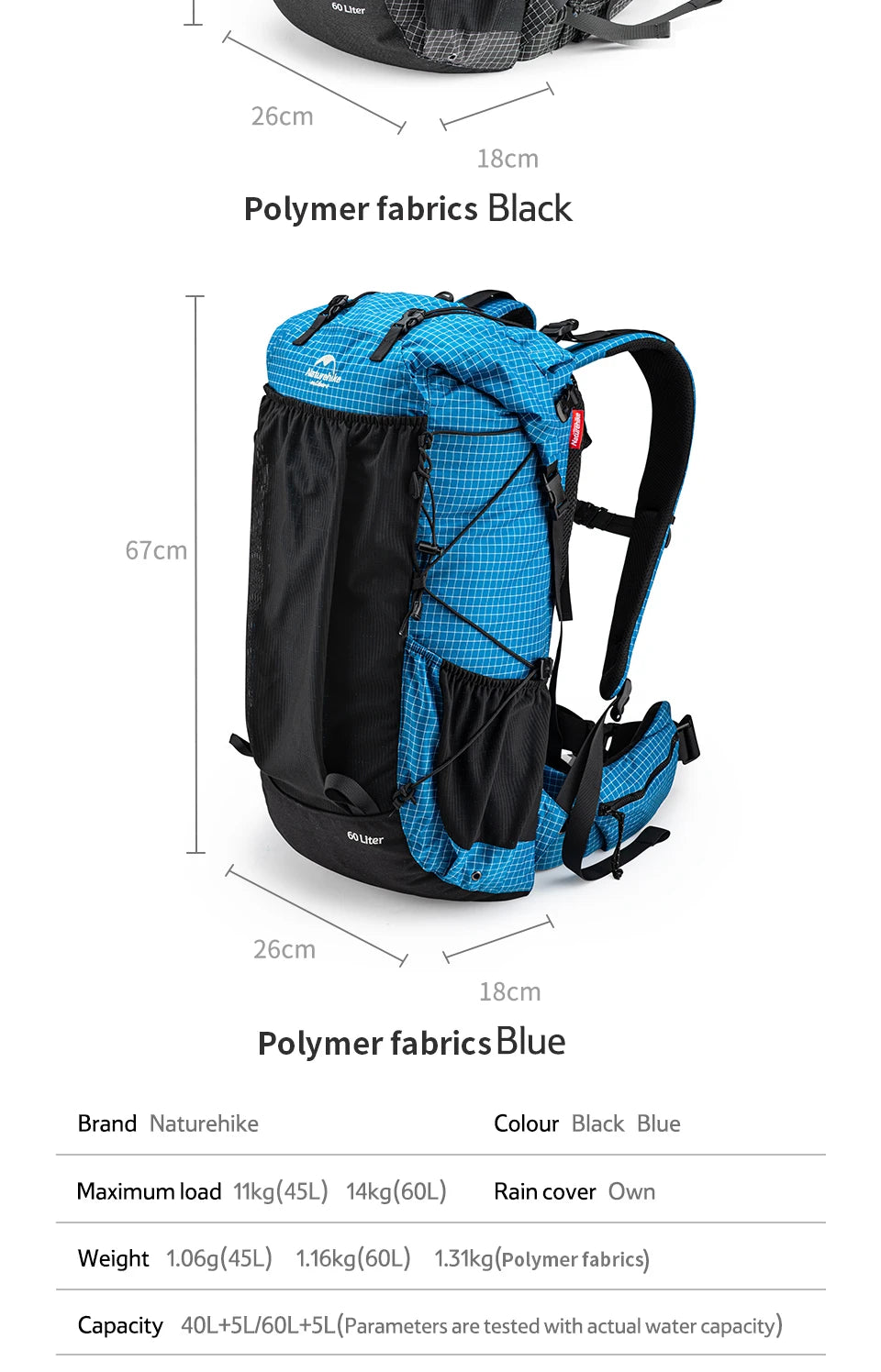 Outdoor Mountain Backpack 60+5L Waterproof High Capacity Sports Climbing Hiking Travel Bag With Rain Cover