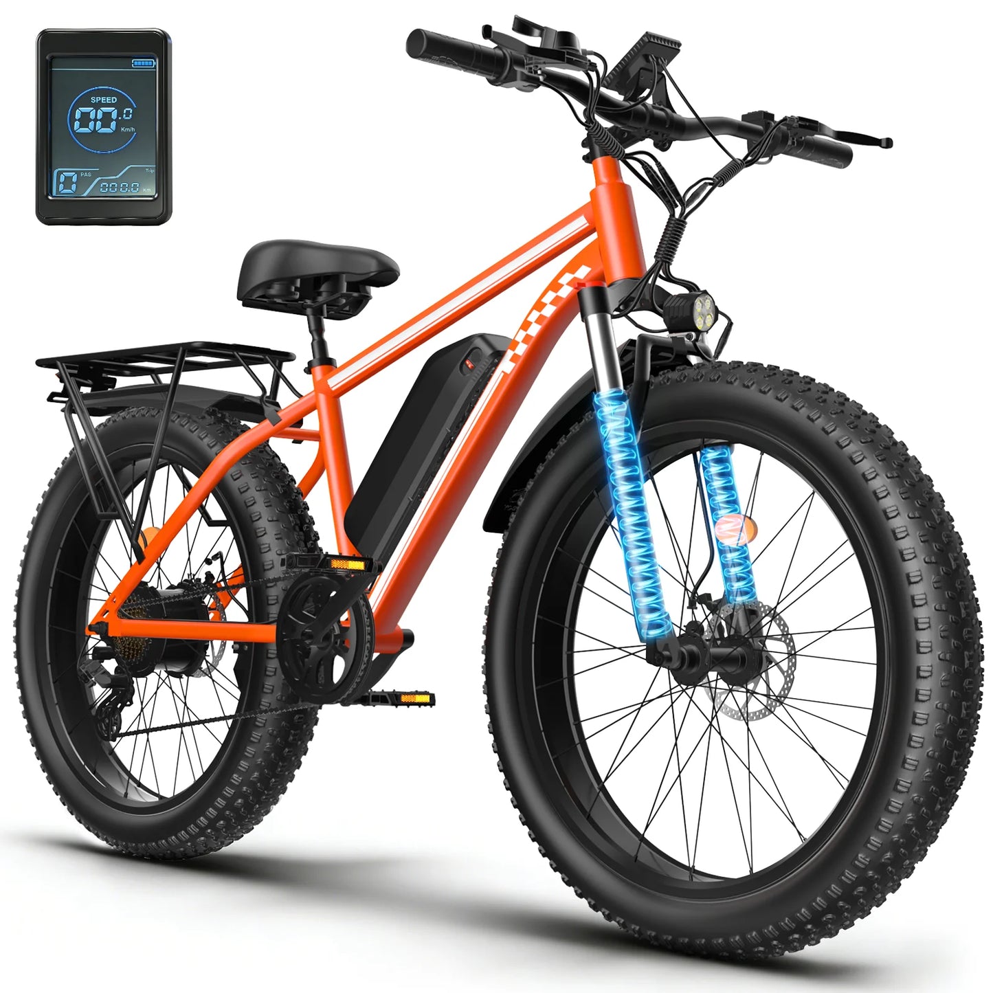 Orange Electric Bike 48V 15AH Battery 1500W Peak Motor 32MPH 26" Fat Tire Adults Mountain Off-Road Dirt Ebike