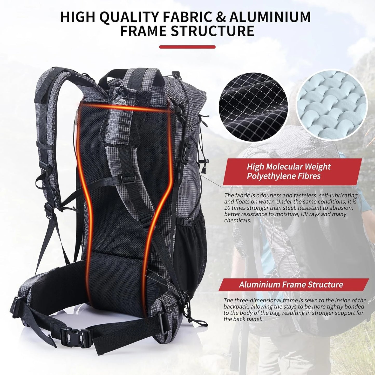 Outdoor Mountain Backpack 60+5L Waterproof High Capacity Sports Climbing Hiking Travel Bag With Rain Cover