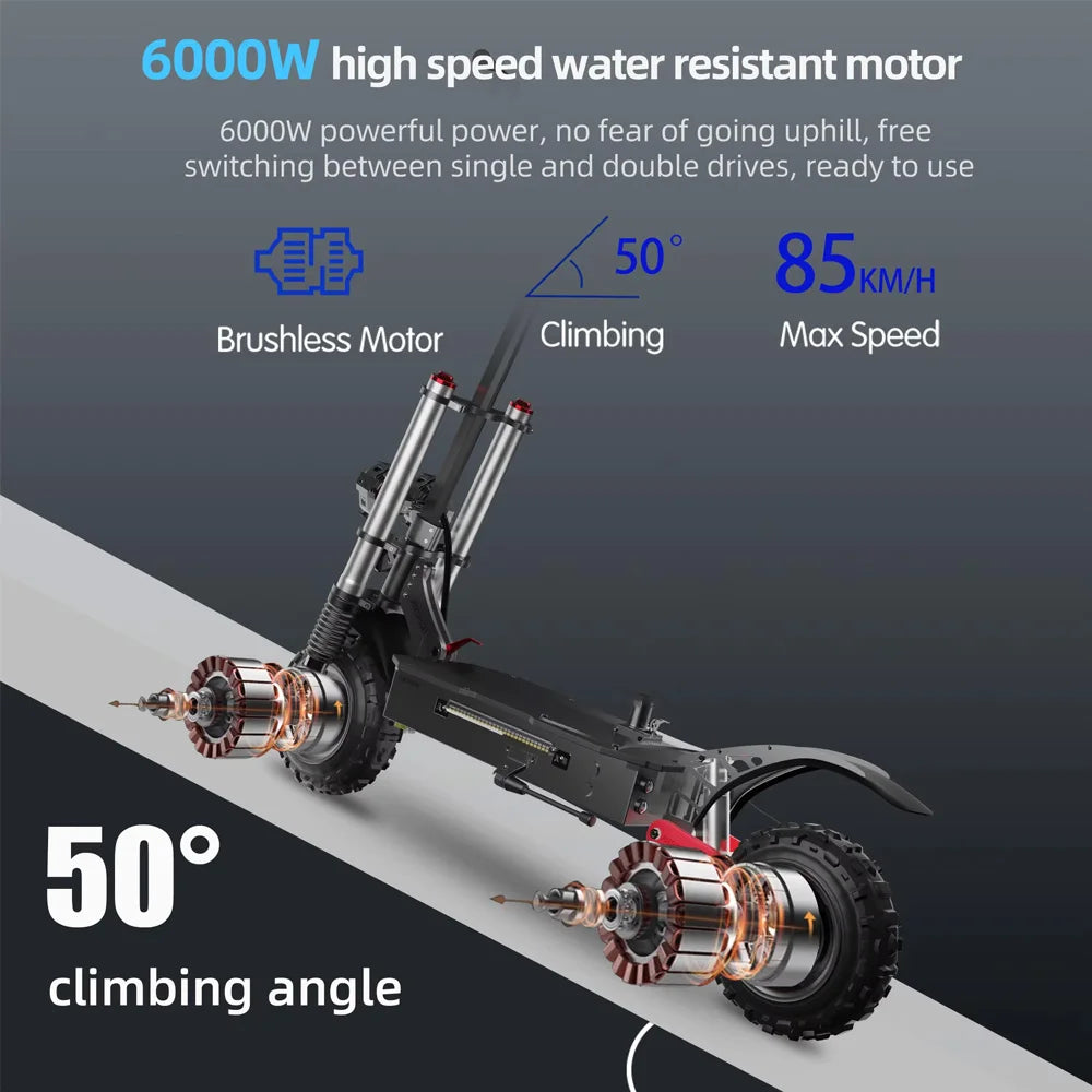 60-85KM/H Fast Electric Scooter for Adults, 1200W-6000W High Power E Scooter Single/Dual Motor, 48V 52V 60V 72V Long Range 40-100KM, 10Ah-30Ah Battery, 11 Inch Off Road Fat Tire All Terrain Electric Scooter with Dual Suspensi