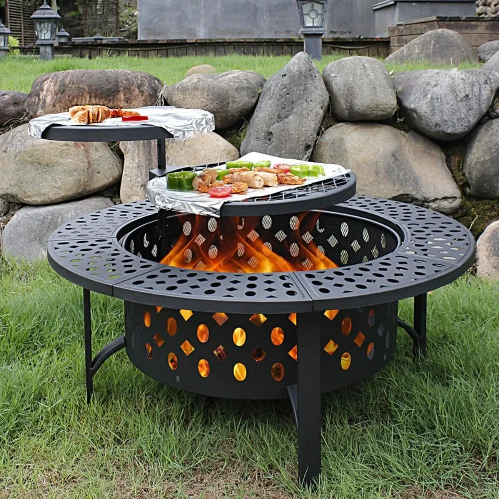 Fire Pit with 2 Grills, Wood Burning Fire Pits for Outside with Lid, Poker and Round Waterproof Cover, BBQ& Outdoor Fire