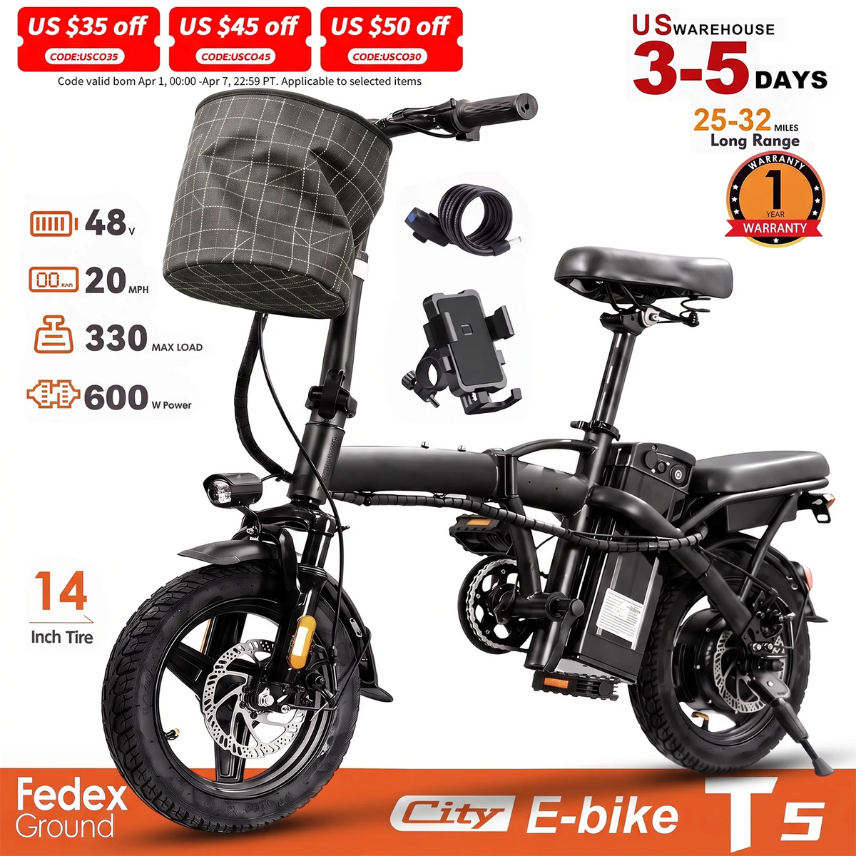 T5 14-inch Foldable Electric Bike 48V 750W Peak Power 20MPH 499Wh Long Range Lightweight Ebike with Dual Disc Brake And Basket for Adult Commute 22 Miles