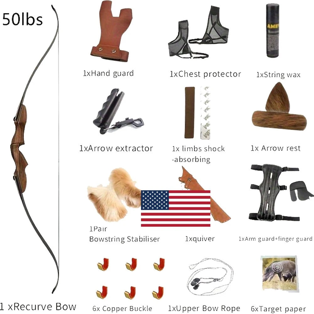 Recurve Split Bow Set  60 Inch Takedown Bow 50/60lbs Right Hand Wood Riser for Adults Hunting Shooting Sports