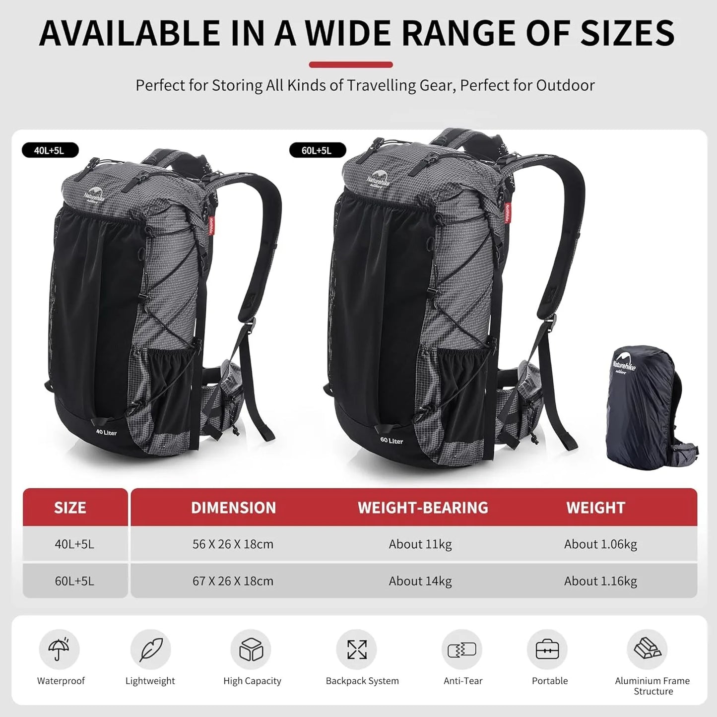 Outdoor Mountain Backpack 60+5L Waterproof High Capacity Sports Climbing Hiking Travel Bag With Rain Cover