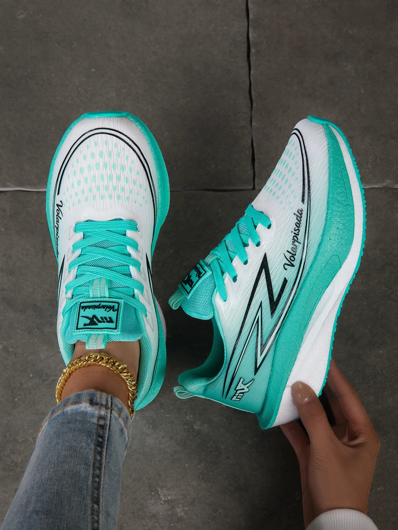 Women Gradient Lightning Print Running Sneakers Breathable Flying Weave Mesh Light Cushion Non Slip Shock Absorb Athletic Gym Jogging Sport Shoes