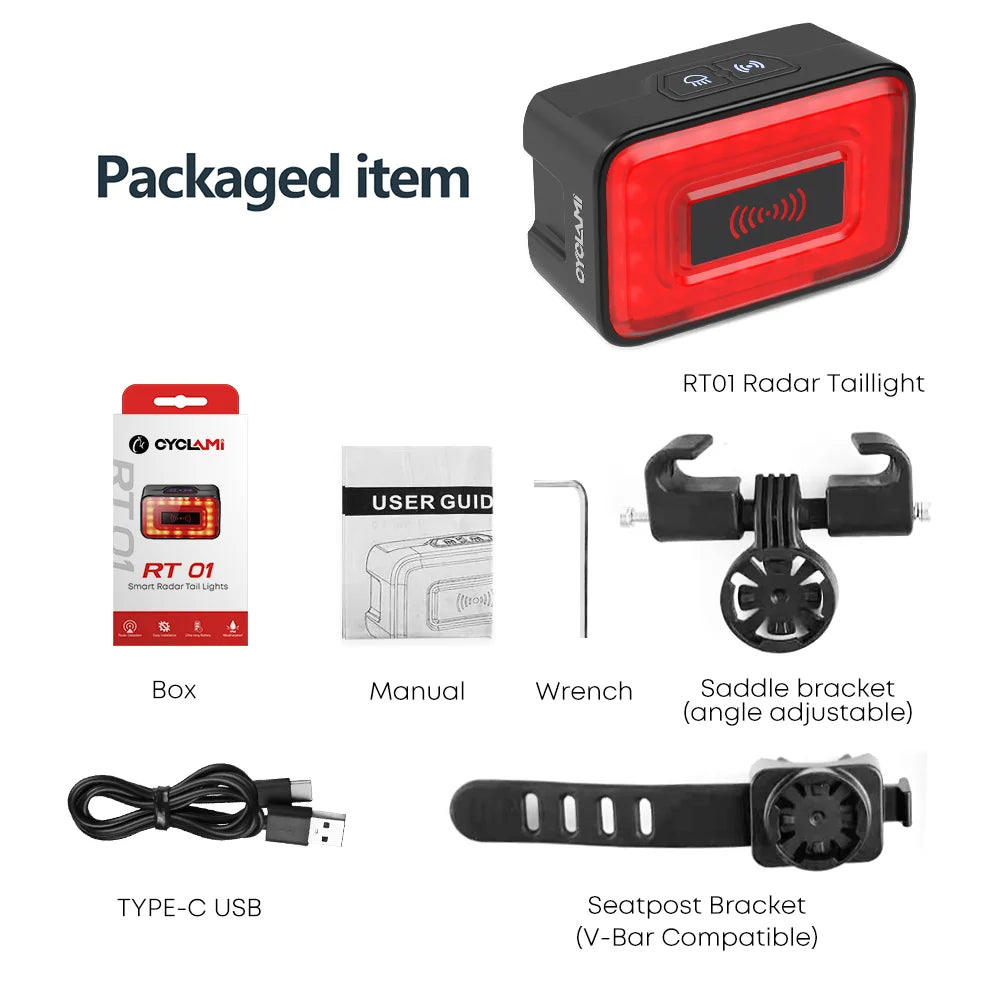 Bicycle tail light radar warning rear light Super bright and safe Millimeter-wave Radar Precision Detection Taillight