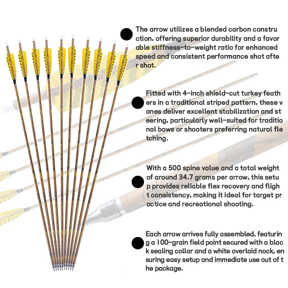 Carbon Arrows 30 Inch Spine 500 Mixed Carbon Shaft ID6.2mm Shield-Shaped Turkey Feathers for Hunting Target Shooting Practice