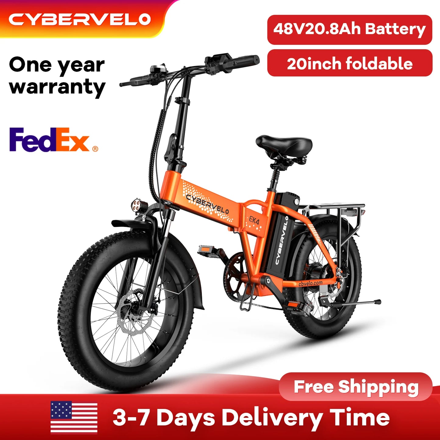 1000W Electric Bike for Adults  EK4 Folding 48V 20Ah 30+MPH 80Miles 20" Fat Tire 7-Speed Off Road E-bike