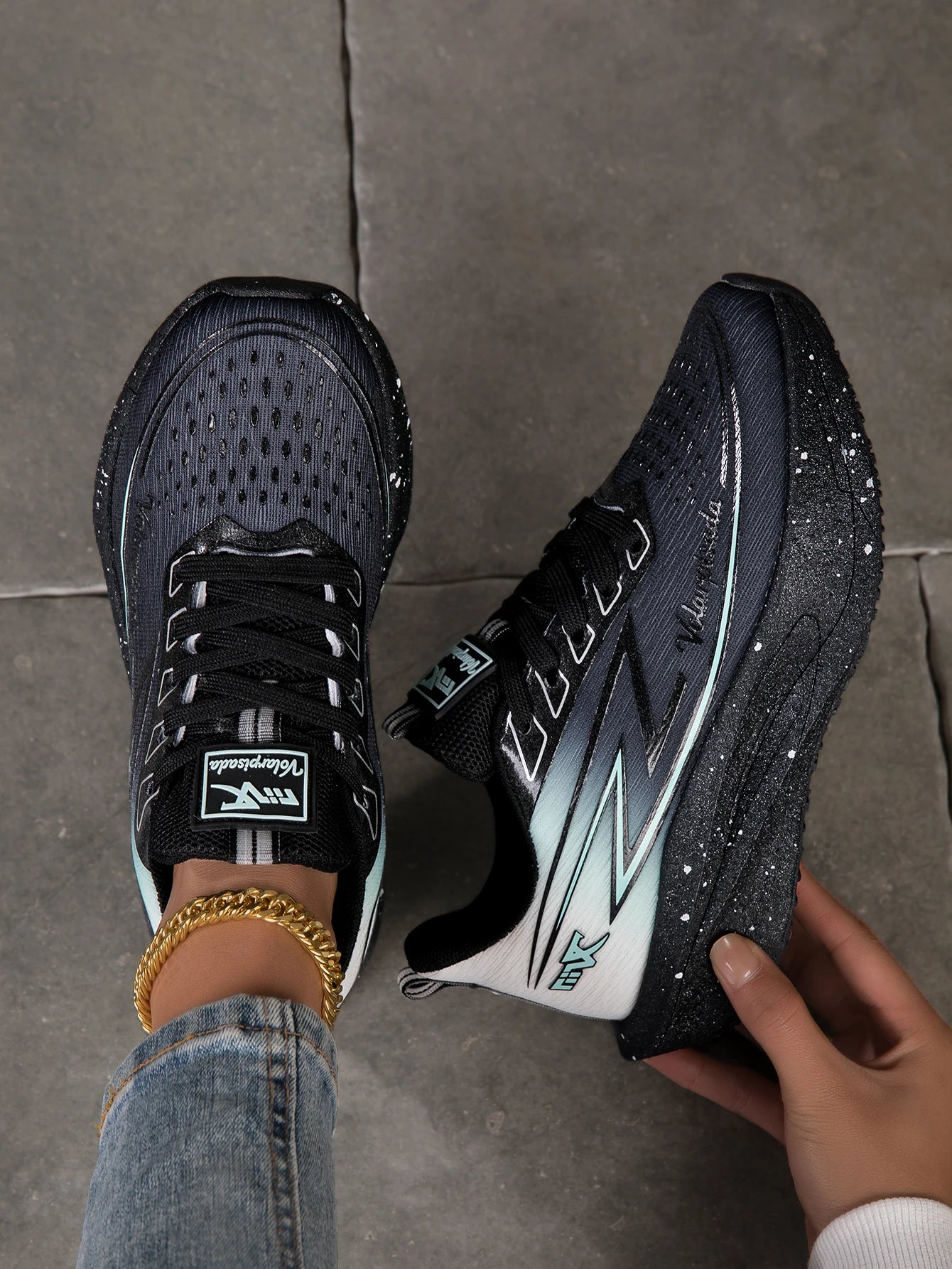 Women Gradient Lightning Print Running Sneakers Breathable Flying Weave Mesh Light Cushion Non Slip Shock Absorb Athletic Gym Jogging Sport Shoes
