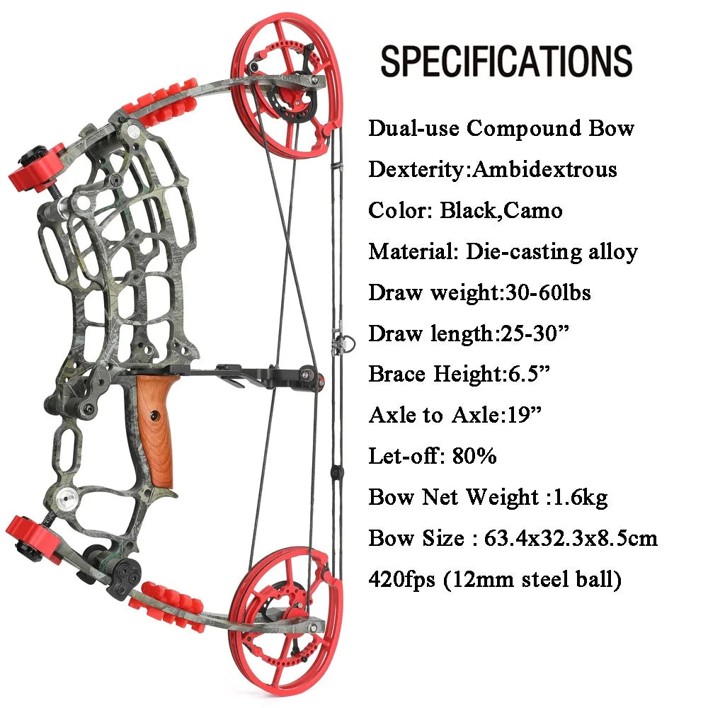 Right Hand Compound Dual-use Bow 30-60lbs 19" Axle Hunting Steel Ball 420FPS  Outdoor Target Shooting Hunting