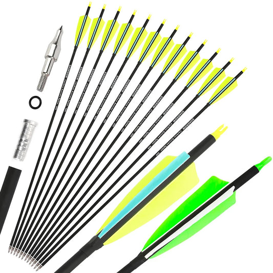 Archery Arrows 12pcs 30 Inch Spine 500 Mixed Carbon with 4" Turkey Feathers 100 Grain Tips for Hunting Target Shooting Practice