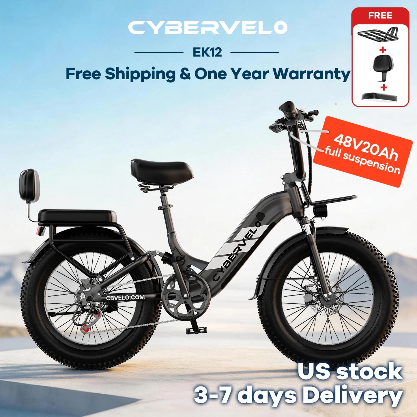 1000W Peak Step-Thru Electric Bike for Adults 20" Fat Tire 7-Speed Commuter E-Bike Up to 80 Miles Long Range 48V 20Ah Removable Battery EK12 EK8