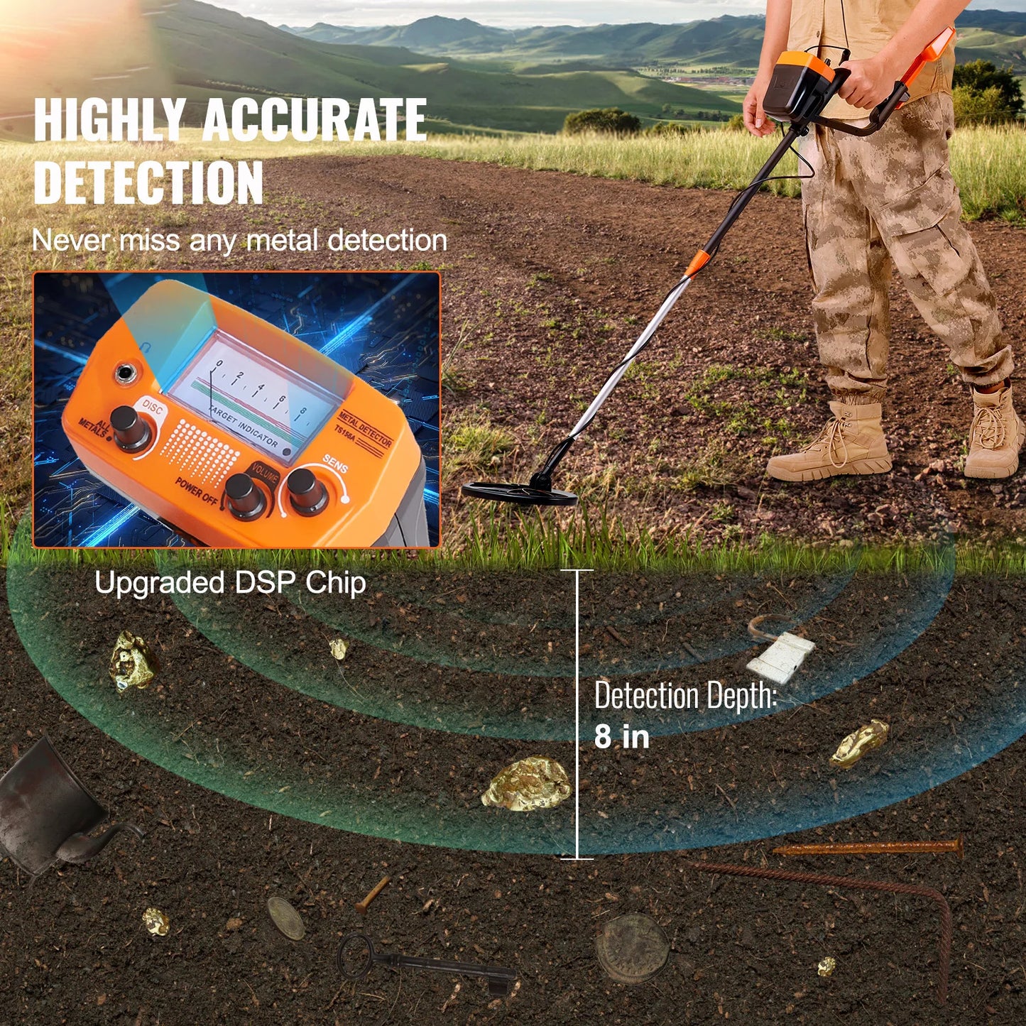 Metal Detector 8Inch Waterproof Search Coil & High Accuracy Pointer Display Adjustable 38''-49'' Aluminum Stem Detector