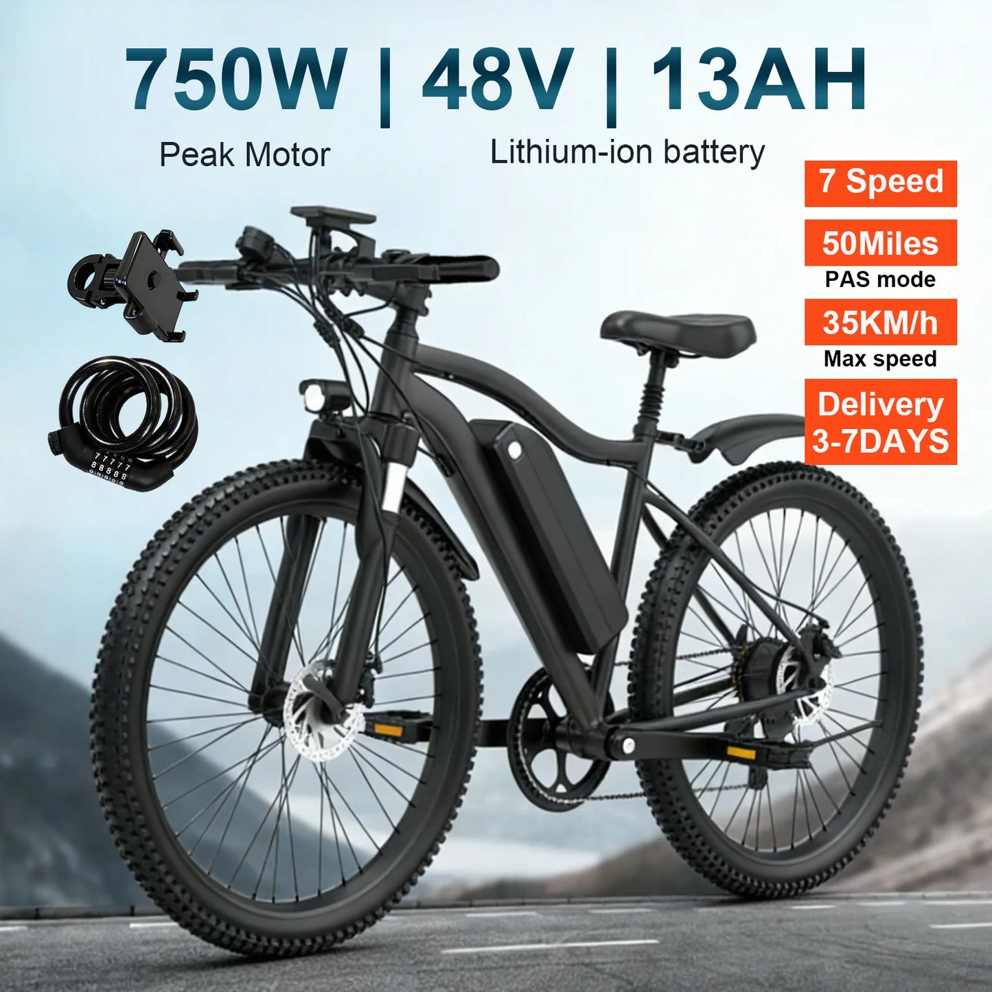 Electric Bicycle for Adult 26" Mountain ebike with 48V 13Ah Removable Battery 500W Motor