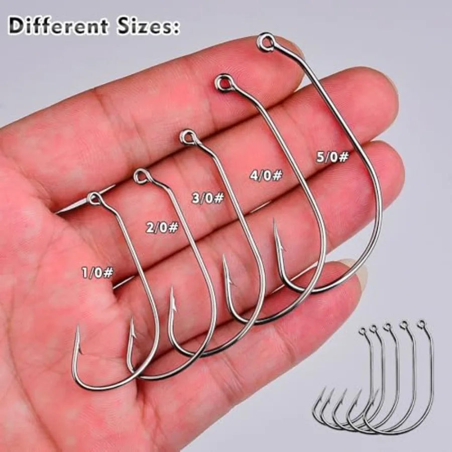 Bass fishing in freshwater and saltwater: EWG hook Texas rig, stainless steel, black, 100pcs with tackle box