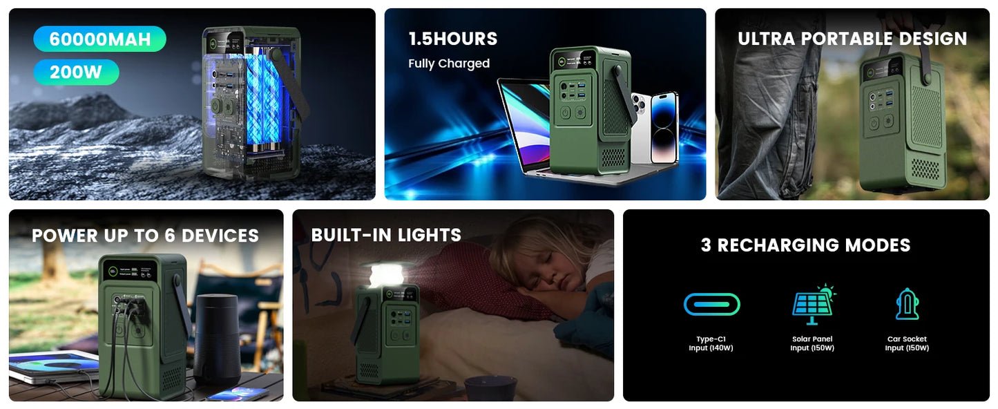 200W Power Station Camping 192Wh Lifepo4 Power Bank 60000mAh Portable Charger Battery Emergency Power USB TYPE-C Port