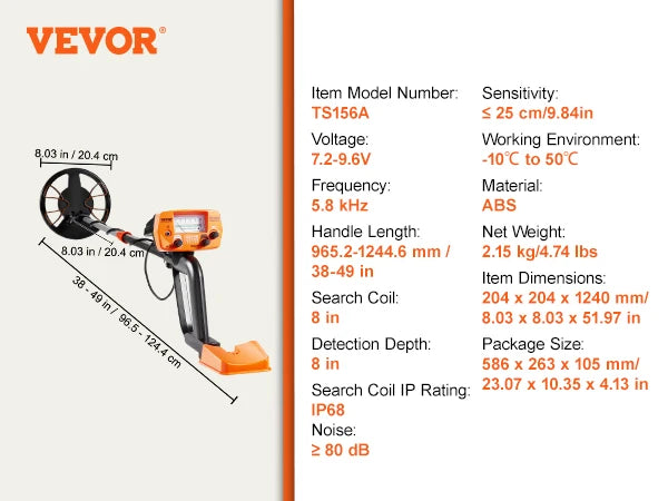 Metal Detector 8 Inch Waterproof Search Coil High Accuracy Pointer Display Adjustable 38''-49'' Aluminum Stem Detector