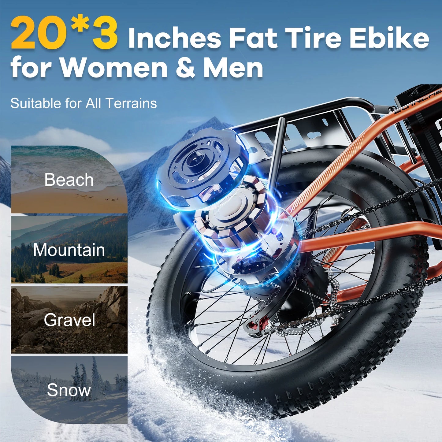 1000W Electric Bike for Adults  EK4 Folding 48V 20Ah 30+MPH 80Miles 20" Fat Tire 7-Speed Off Road E-bike