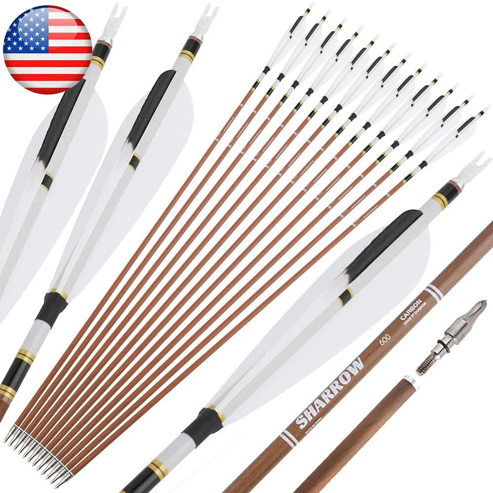 Pure Carbon Arrows 12pcs 31 Inch Spine 340-600 with 5 Inch Turkey Feathers 100 Grain Tips for Compound Recurve Bow Hunting Shooting