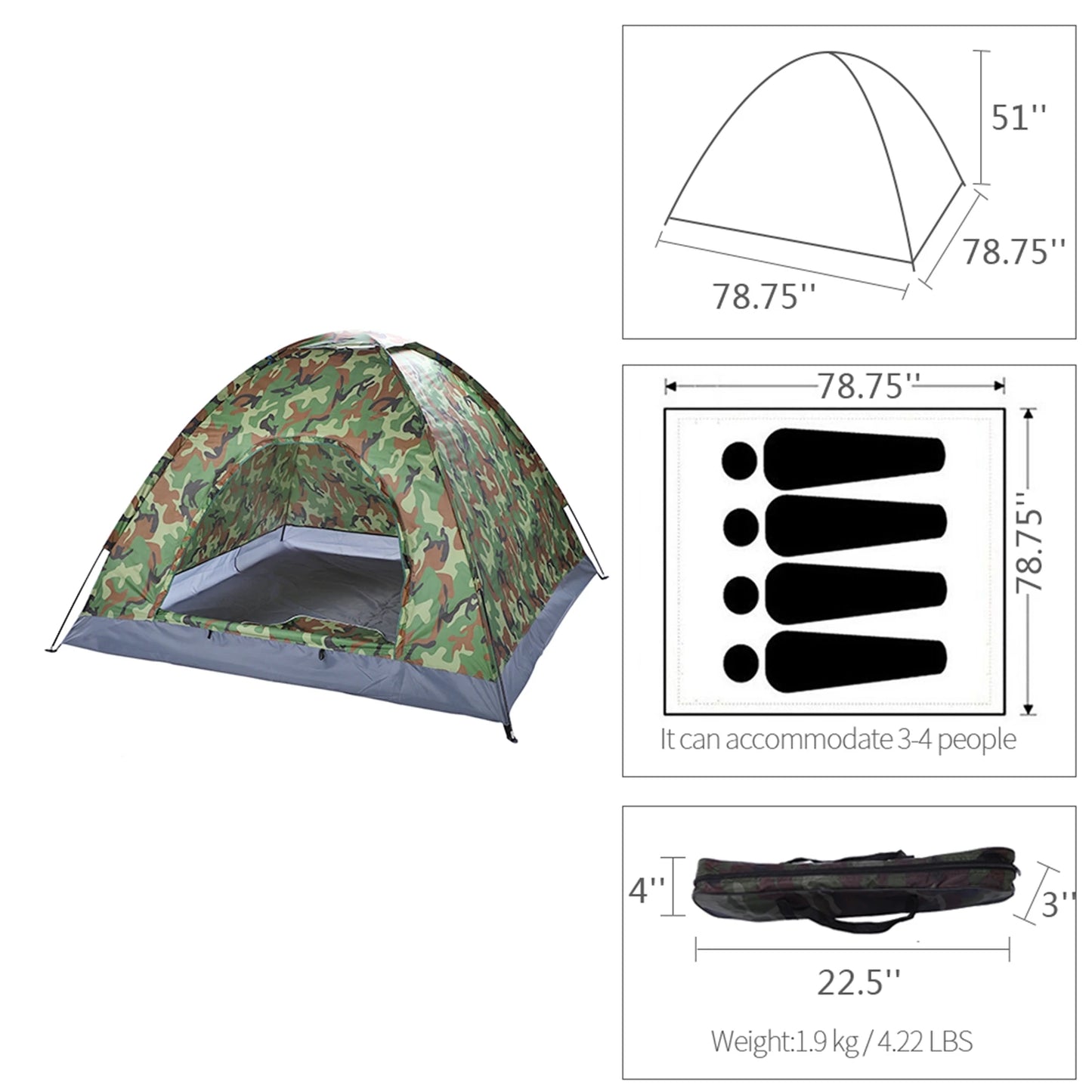 3 4 Person Camping Dome Tent Waterproof UV Proof 180T Silver Coated Polyester Fiberglass Poles Portable Bag Outdoor Camouflage