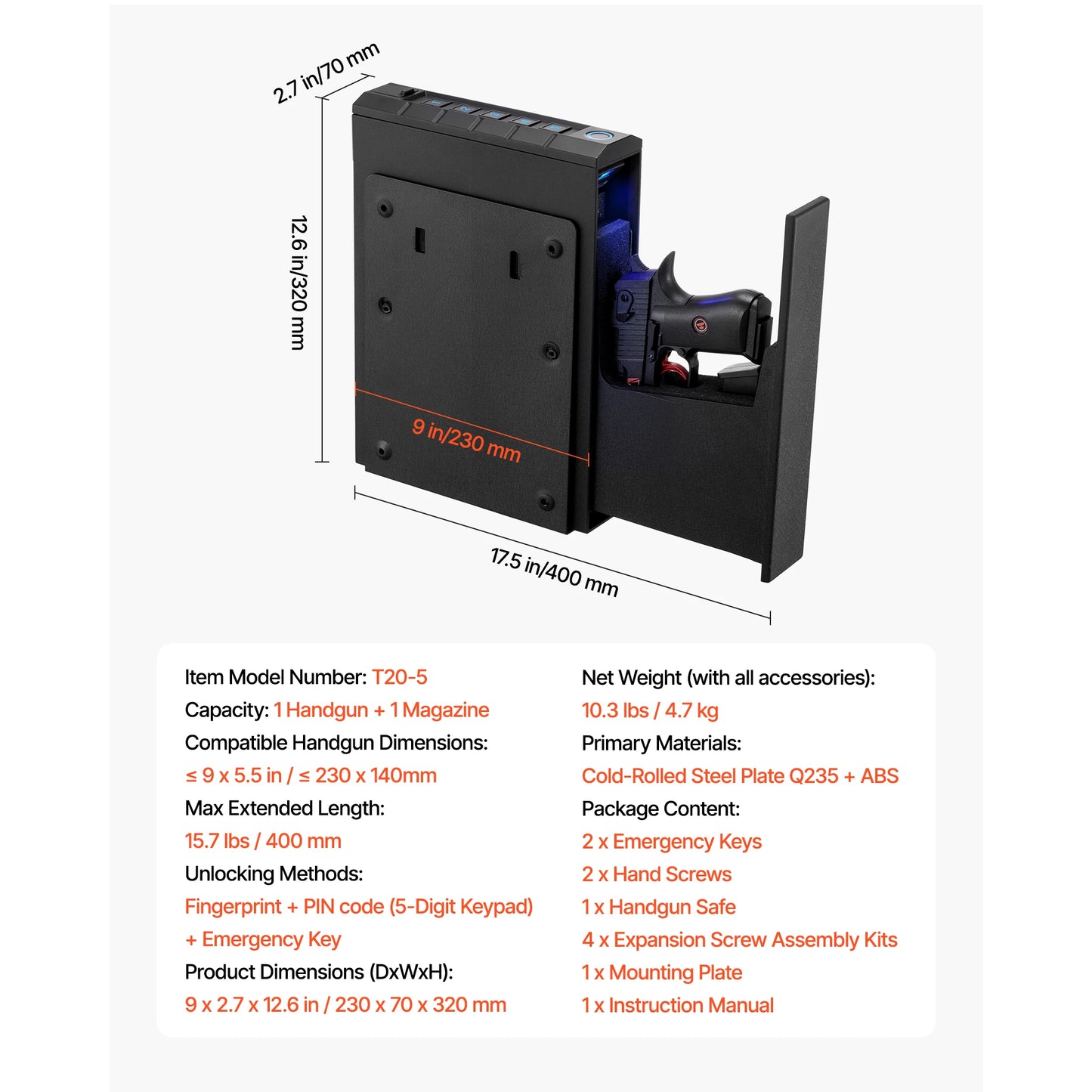 Gun Safe Slider Handgun Safe Fingerprint/Password/Key 3-Way Quick Access Case Box with LED for Nightstand Bedside Desk