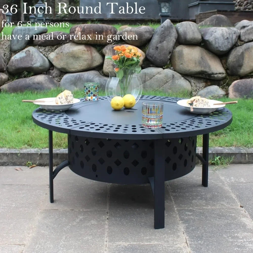 Fire Pit with 2 Grills, Wood Burning Fire Pits for Outside with Lid, Poker and Round Waterproof Cover, BBQ& Outdoor Fire