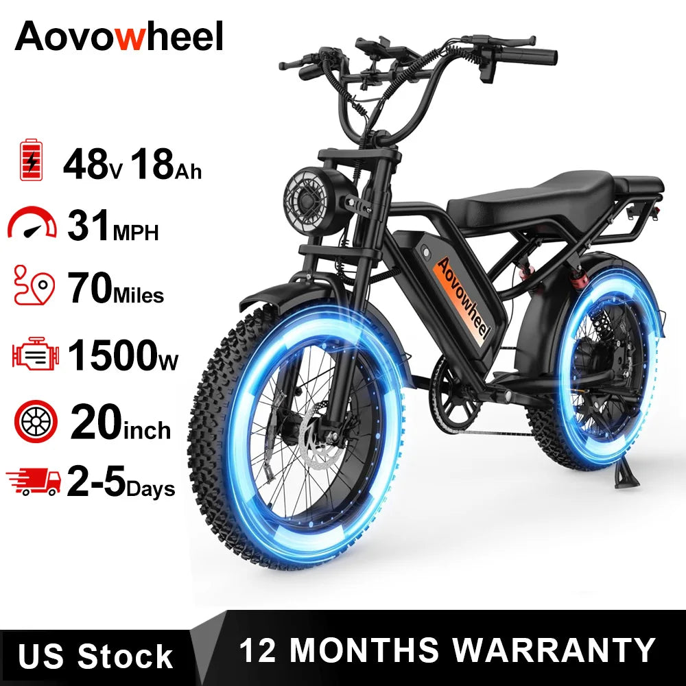 AW2PROElectric Bike 1500W 20" Fat Tire 31mph Top Speed 70 Miles Range for Road Sand Mountain Snow Electric Motorcycle