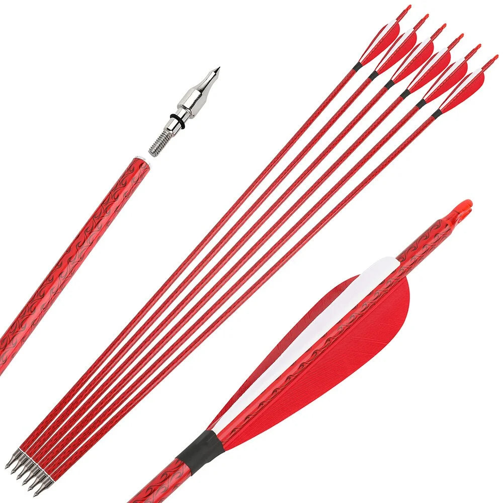 Mixed Carbon Arrows 12pcs 31.5" Spine 500 ID 6.2mm OD 7.8mm with 4" Turkey Feather and 100Grain Arrowheads for Compound Recurve Bow Hunting Shooting Target Practice Durable Archery Accessories