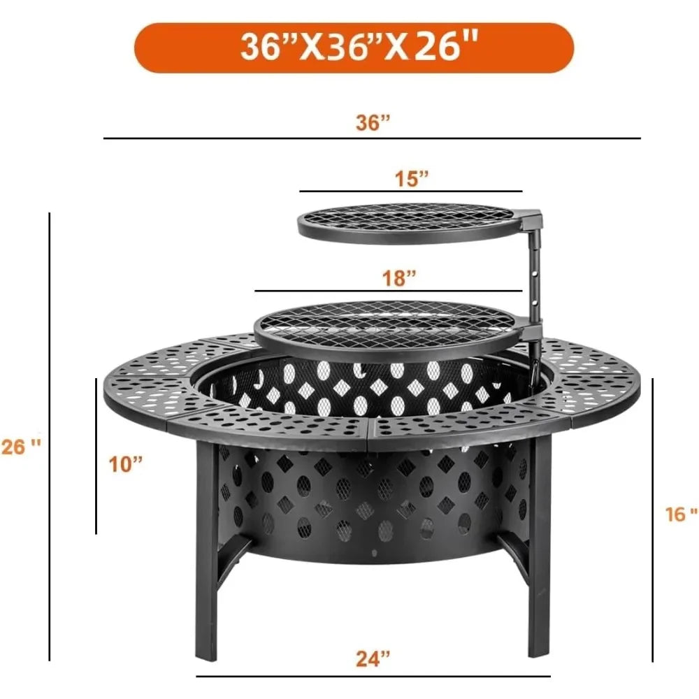 Fire Pit with 2 Grills, Wood Burning Fire Pits for Outside with Lid, Poker and Round Waterproof Cover, BBQ& Outdoor Fire