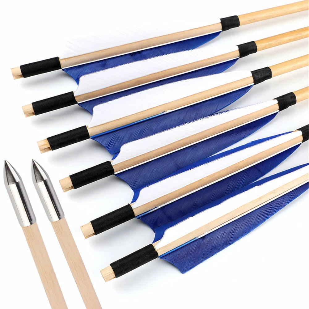 Hunting Arrows 12pcs 31.5inch Handmade Wooden Shaft with 5inch Natural Feathers for Outdoor Shooting Sports