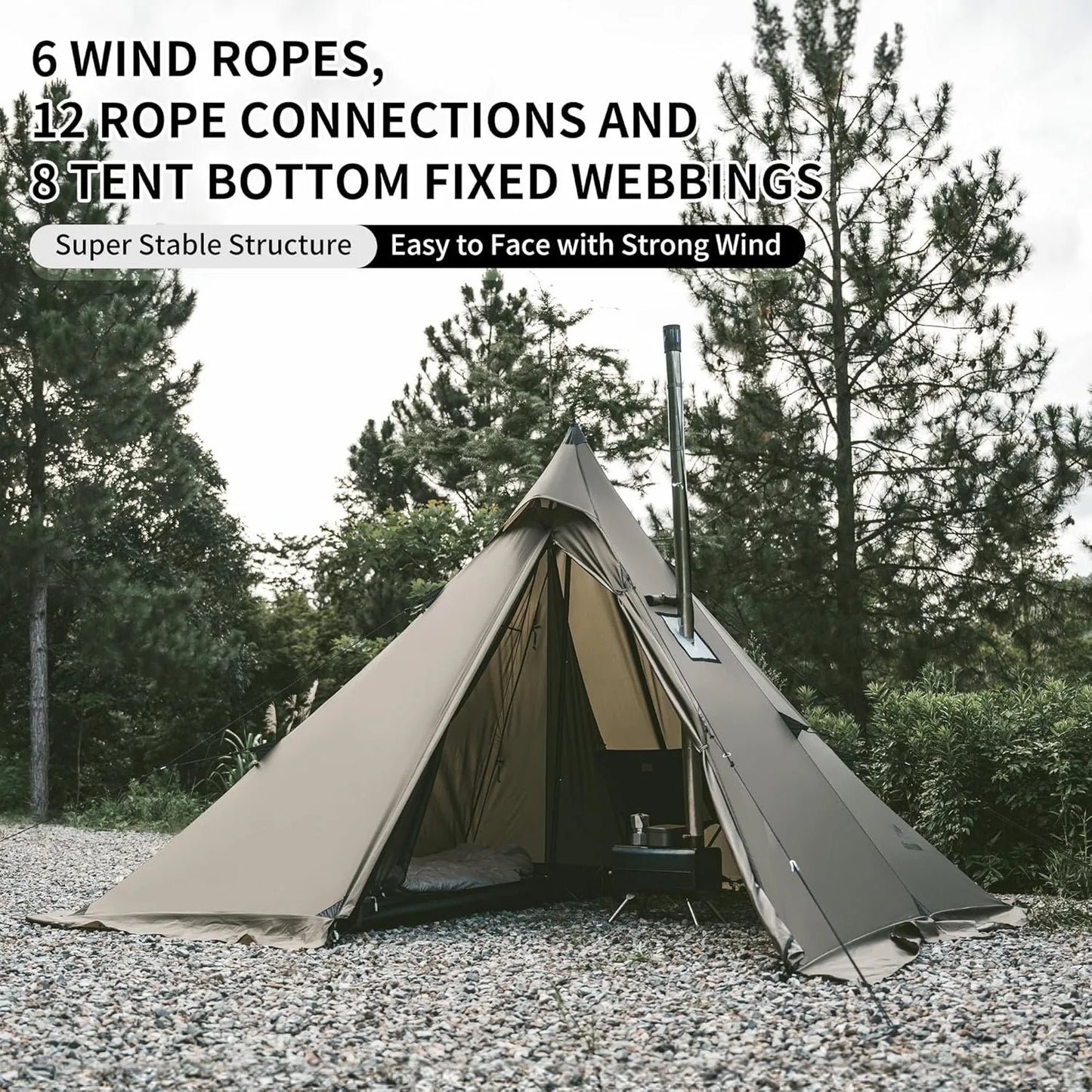 Camping Tent with Chimney Window 2-4 Person Outdoor Ultralight Tipi Teepee Tent Pyramid Double Layer Flame-retardant